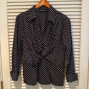 Jones New York signature Knot Front Blouse polkadot white on black size L cotton